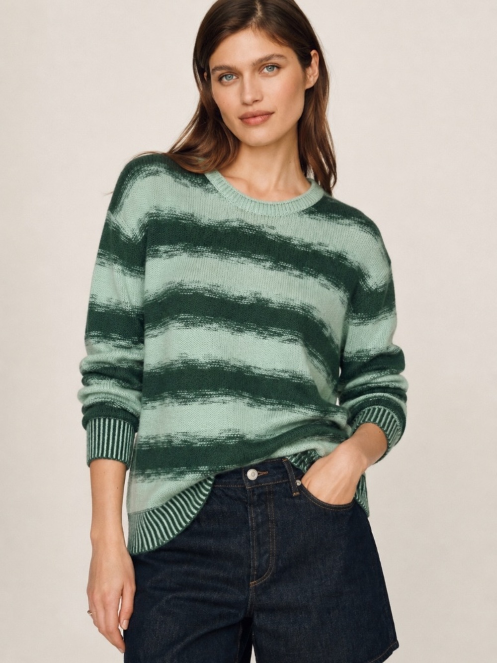 Happy Sheep 30% Cashmere 70% Mercerized Wool Green Striped Knit Sweater Size M